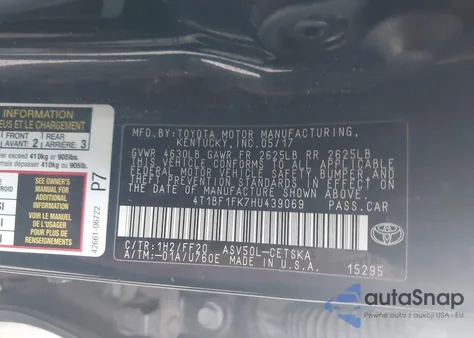 2017 Toyota Camry Se from USA, damaged, VIN 4T1BF1FK7HU439069
